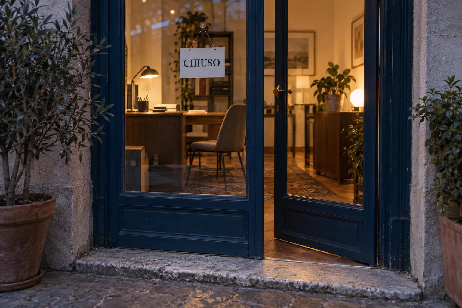 Lo studio illuminato con la porta aperta e, appeso al vetro, un cartello con scritto CHIUSO